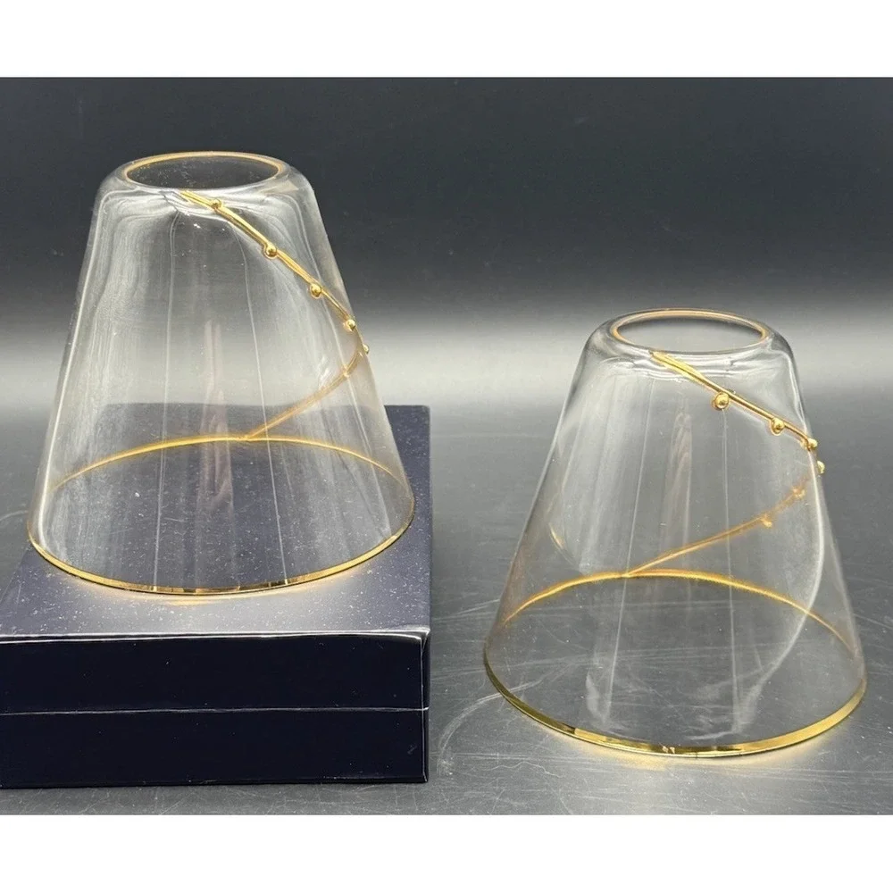 Pair Clear Glass Lamp Shades with Applied Gold Glass Beading Thin Elegant Style